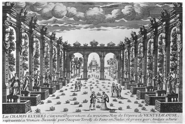 1643年にヴェニスのテアトロノヴィッシモで行われたオペラ「ヴェネレジェローザ」のためのジャコモトレリ（1608-78）によるステージデザイン